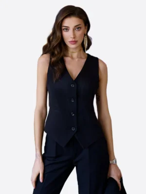 SuitsHeritage Women’s Solid Black Slim Fit 3 Piece Suit Vest