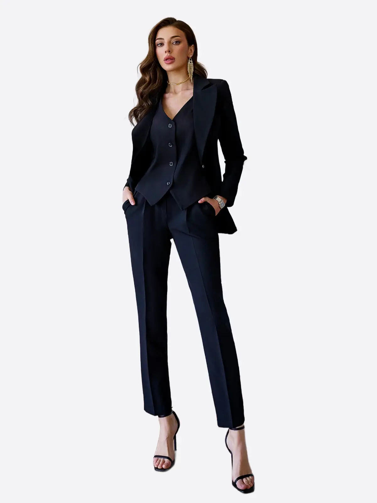 SuitsHeritage Women’s Solid Black Slim Fit 3 Piece Suit