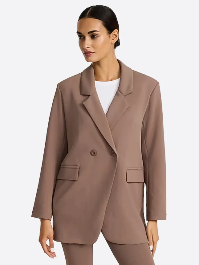 SuitsHeritage Women's Solid Brown Double Breasted Relaxed Fit Blazer