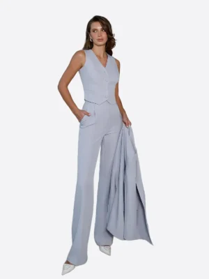 SuitsHeritage Women’s Grey Solid Double Breasted Oversized 3 Piece Suit Vest