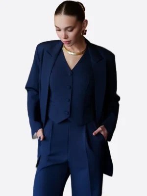 SuitsHeritage Women’s Solid Navy Double Breasted Oversized 3 Piece Suit Vest