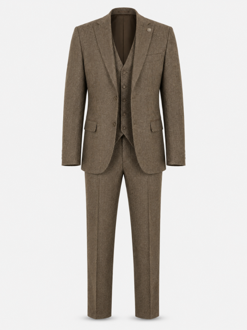 Ashcroft Tweed Herringbone Brown Suit Front Side