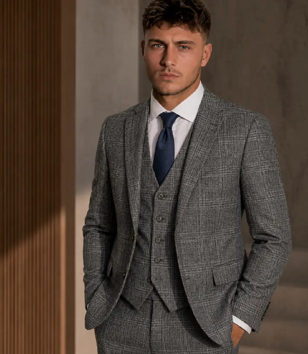 Ashford Cotton Check Grey Suit Model - Suit Heritage