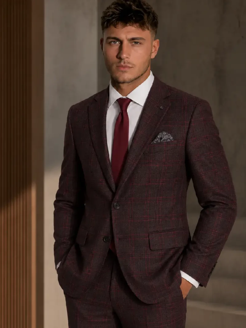 Bellington Tweed Check Maroon Suit Model