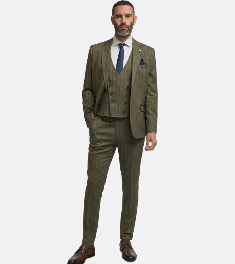 Bellington Tweed Pinstripe Olive Suit Front