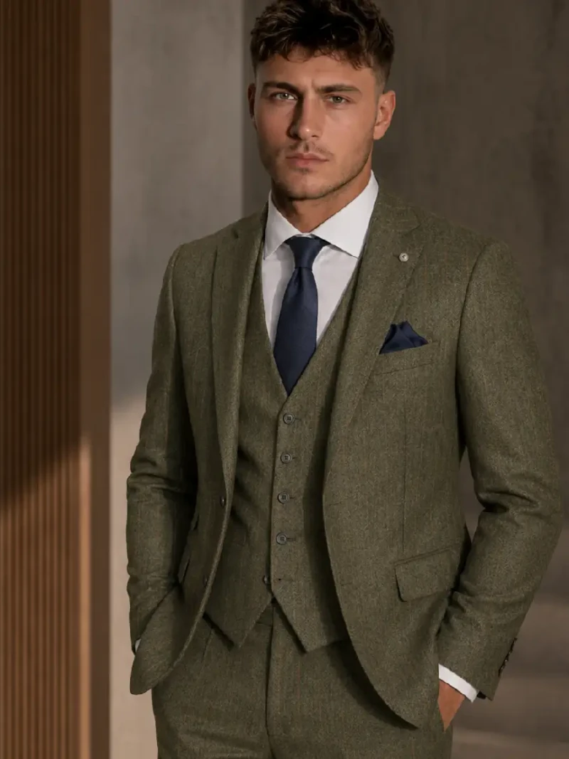 Bellington Tweed Pinstripe Olive Suit Model