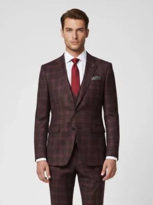 SuitsHeritage Men’s Check Maroon Relaxed Fit 3 Piece Suit Main Close Up
