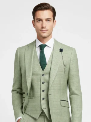 SuitsHeritage Men’s Check Sage Green Regular Fit 3 Piece Suit Main Closeup