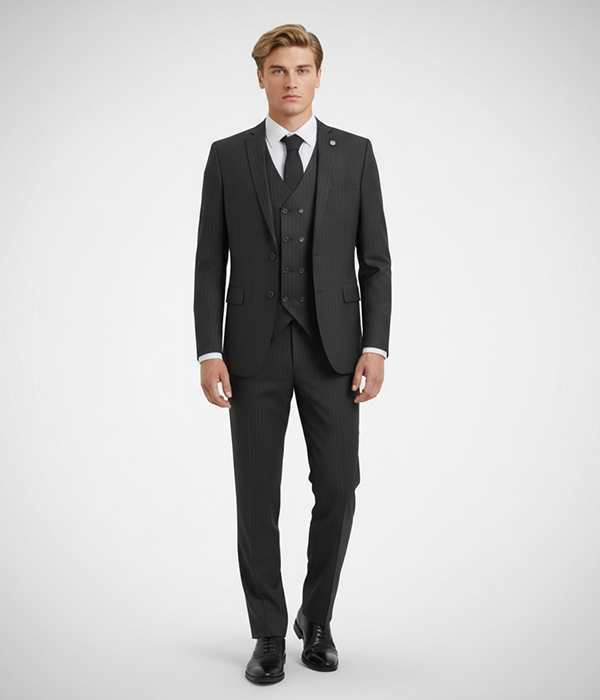 Eastford Polyester Pinstripe Black Suit Front
