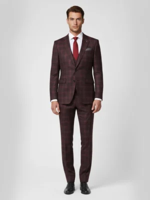 SuitsHeritage Men’s Check Maroon Relaxed Fit 3 Piece Suit Main Front