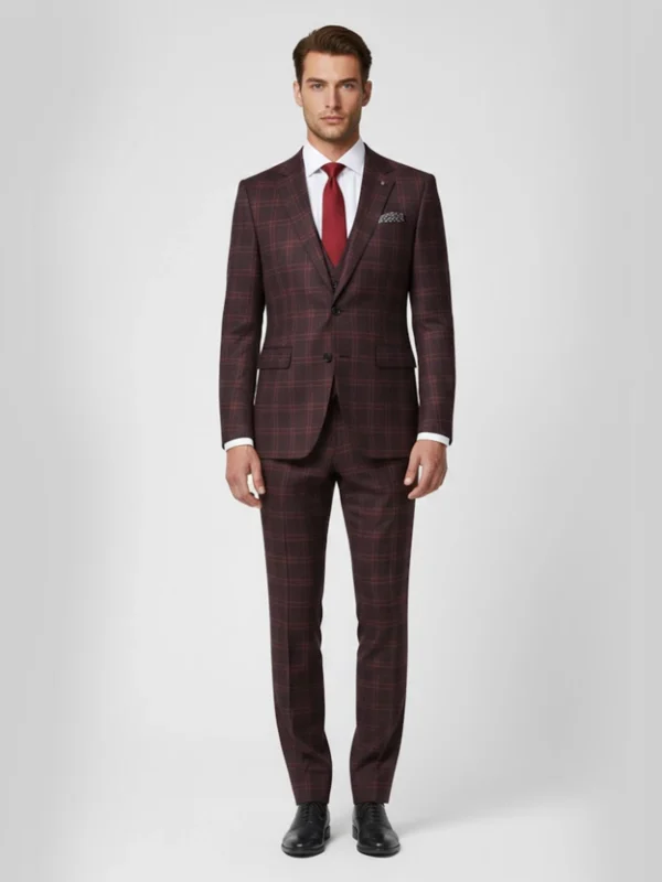 SuitsHeritage Men’s Check Maroon Relaxed Fit 3 Piece Suit Main Front