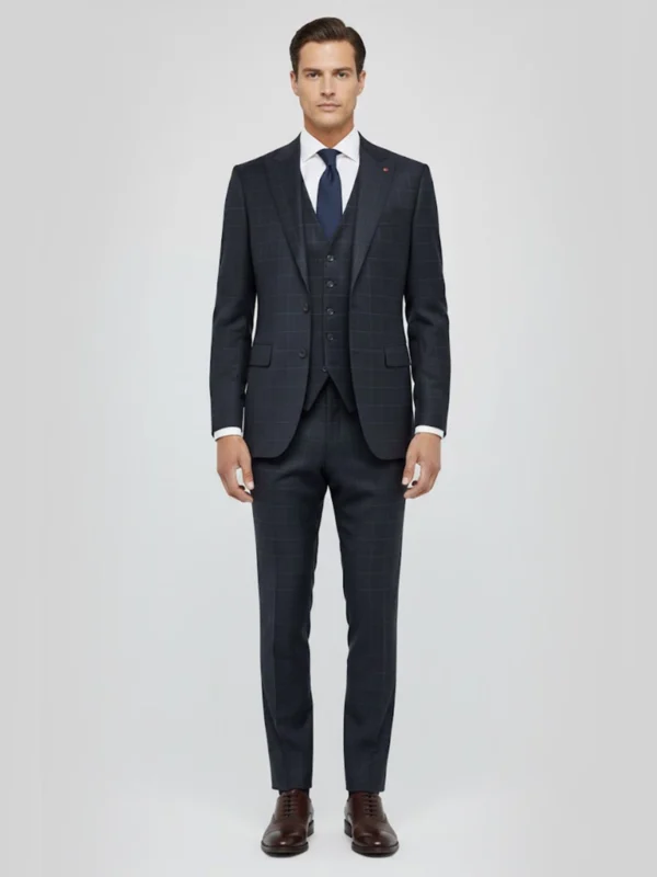 SuitsHeritage Men’s Check Navy Regular Fit 3 Piece Suit Main Front