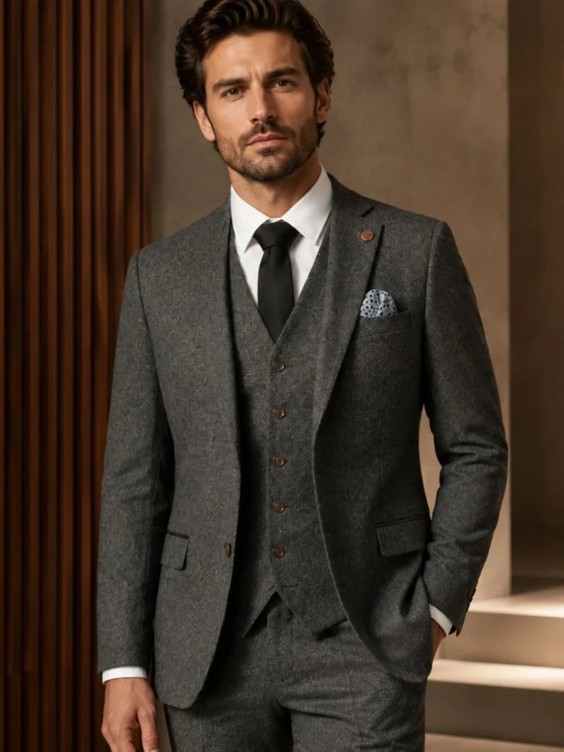 Harrington Wool Textured Grey Suit Model