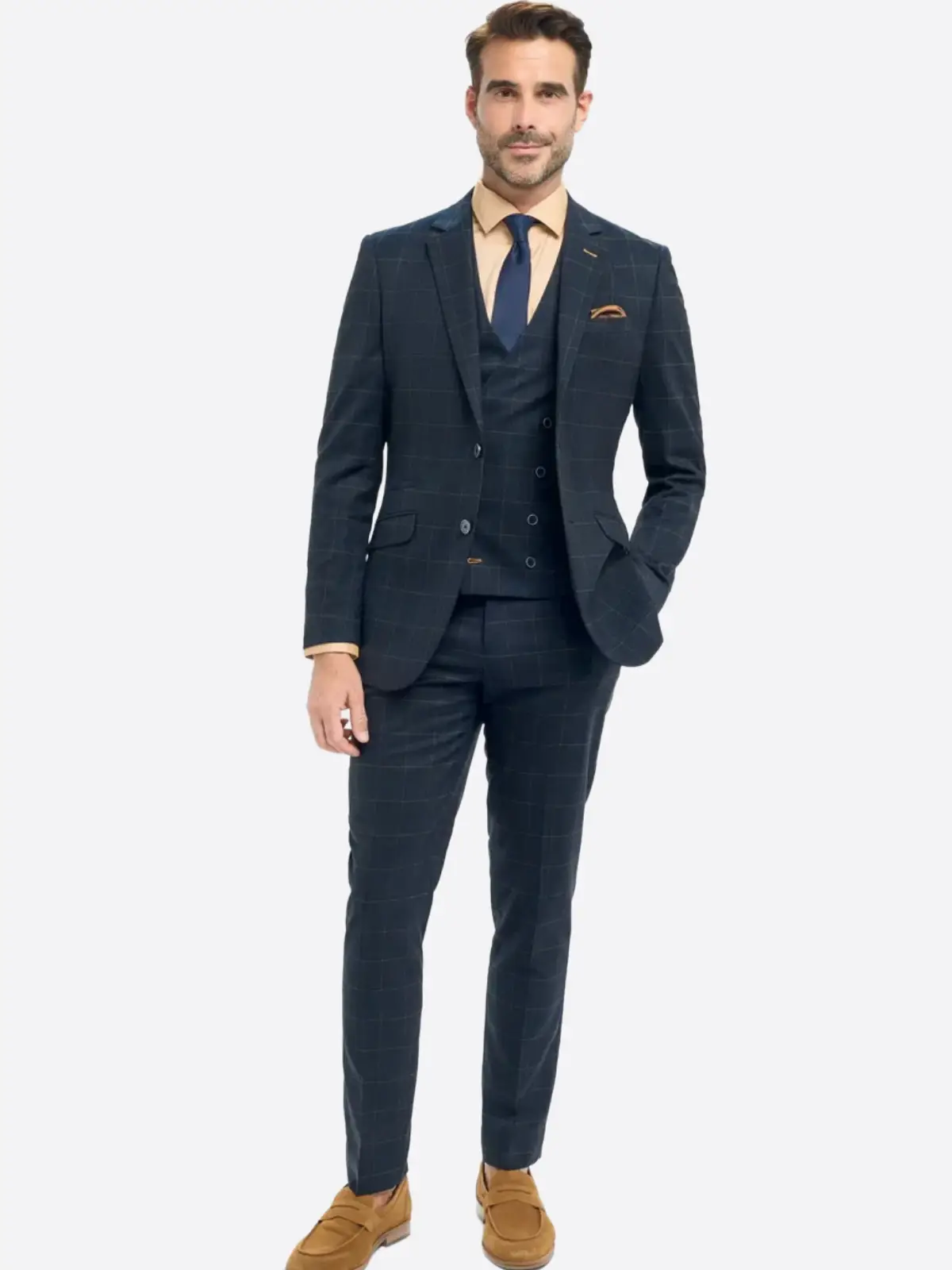 SuitsHeritage Men's Check Navy Regular Fit 3 Piece Suits