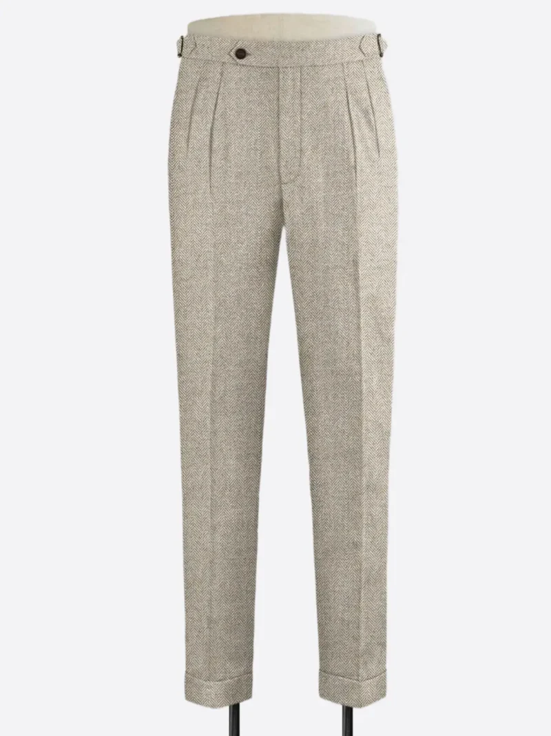 SuitsHeritage Men's Beige Herringbone Regular Fit Pant