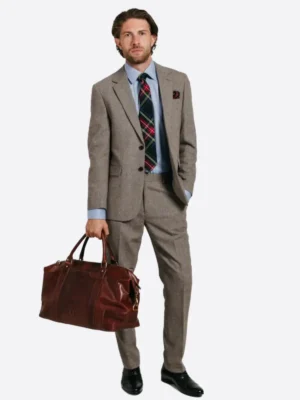 SuitsHeritage Men's Herringbone Beige Slim Fit 2 Piece Suit