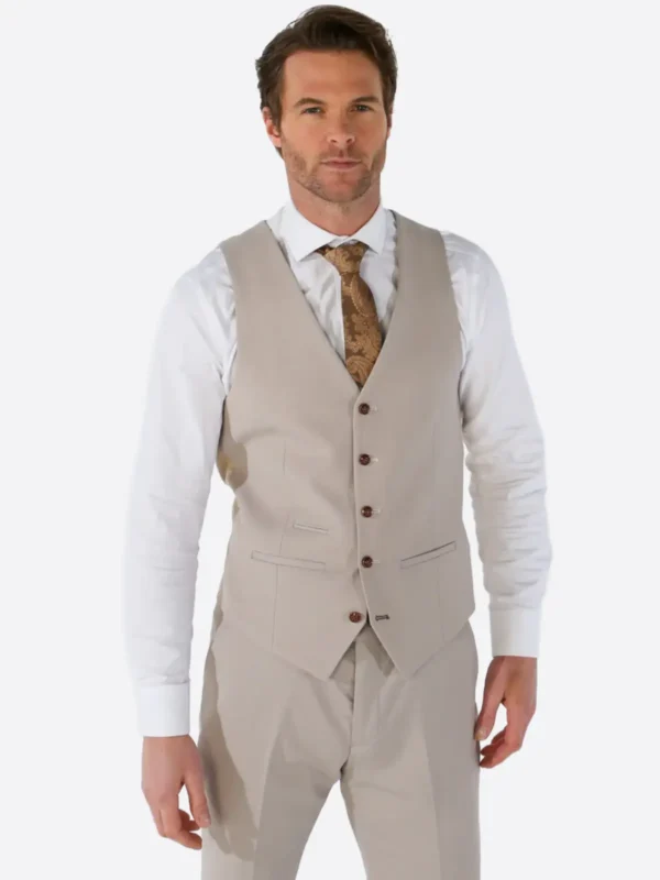 SuitsHeritage Men’s Birdseye Beige Regular Fit 3 Piece Suit Vest
