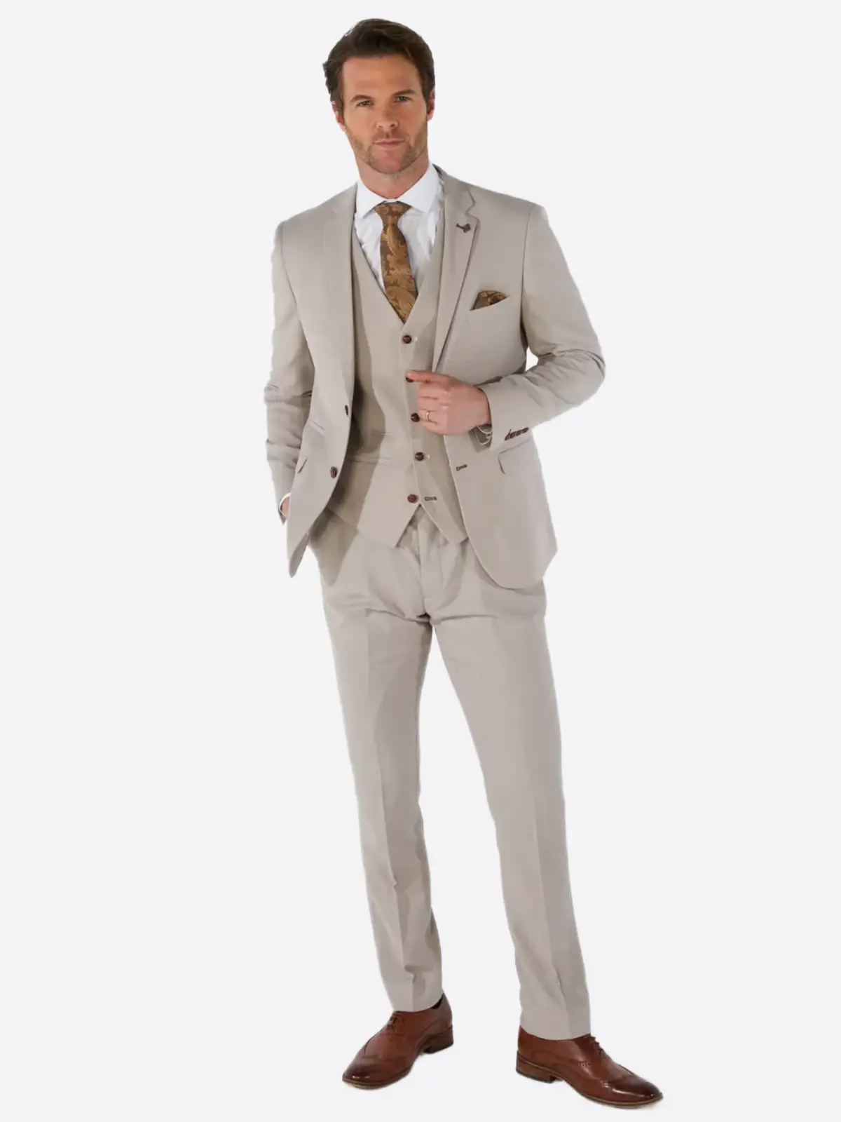 SuitsHeritage Men's Birdseye Beige Regular Fit 3 Piece Suit