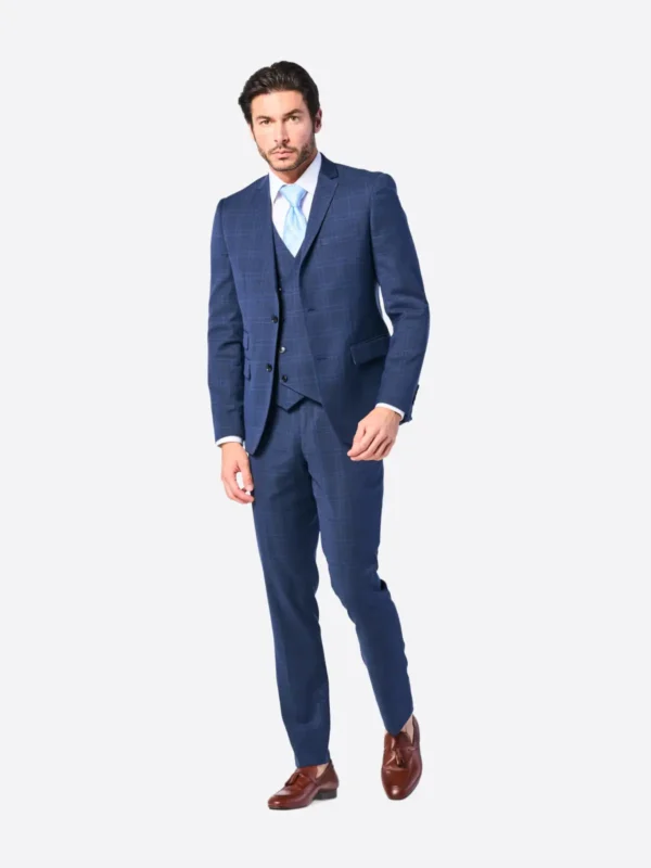 SuitsHeritage Men's Blue Plaid Relaxed Fit 3 Piece Suit
