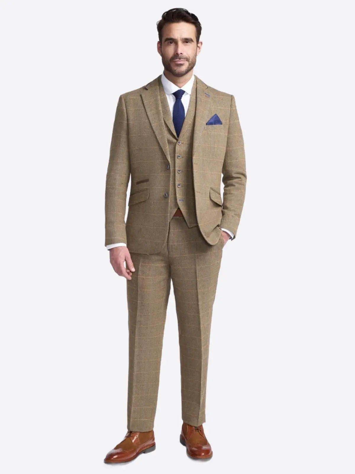 SuitsHeritage Men's Check Camel Relaxed Fit 3 Piece Suit