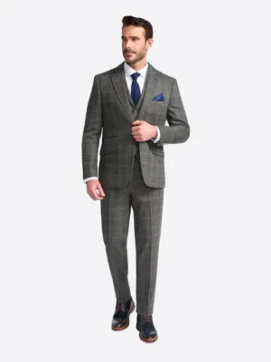SuitsHeritage Men's Check Charcoal Regular Fit 3 Piece Suit