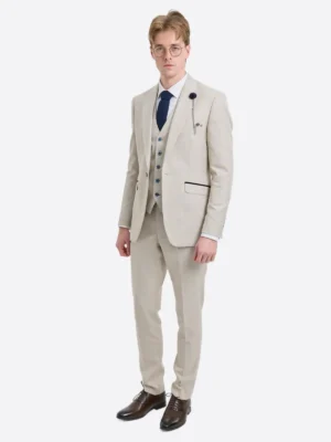 SuitsHeritage Men's Check Cream Regular Fit 3 Piece Suit