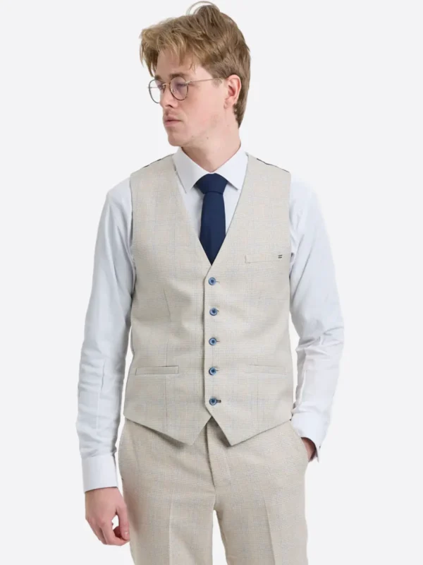 SuitsHeritage Men's Check Cream Regular Fit 3 Piece Suit Vest