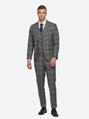 SuitsHeritage Men's Check Grey Relaxed Fit 3 Piece Suit