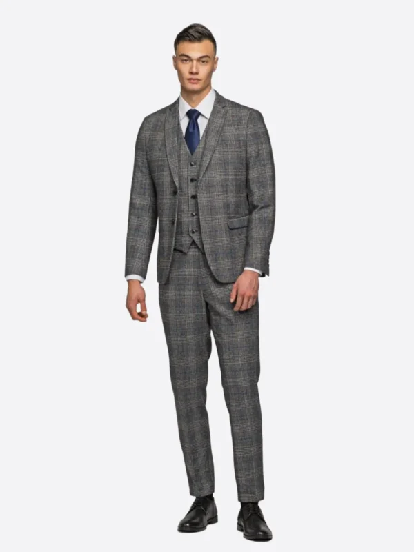SuitsHeritage Men's Check Grey Relaxed Fit 3 Piece Suit