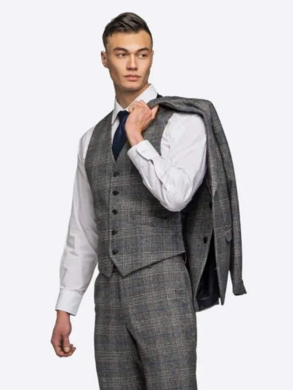 SuitsHeritage Men's Check Grey Relaxed Fit 3 Piece Suit Vest