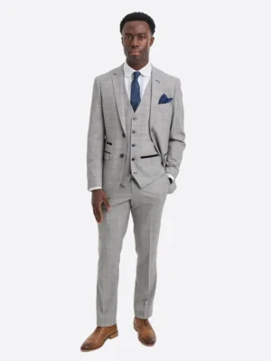 SuitsHeritage Men's Check Light Grey Regular Fit 3 Piece Suit