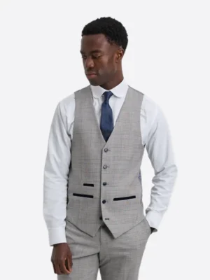 SuitsHeritage Men's Check Light Grey Regular Fit 3 Piece Suit Vest