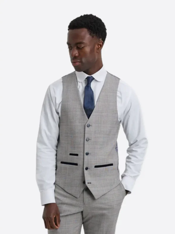 SuitsHeritage Men's Check Light Grey Regular Fit 3 Piece Suit Vest