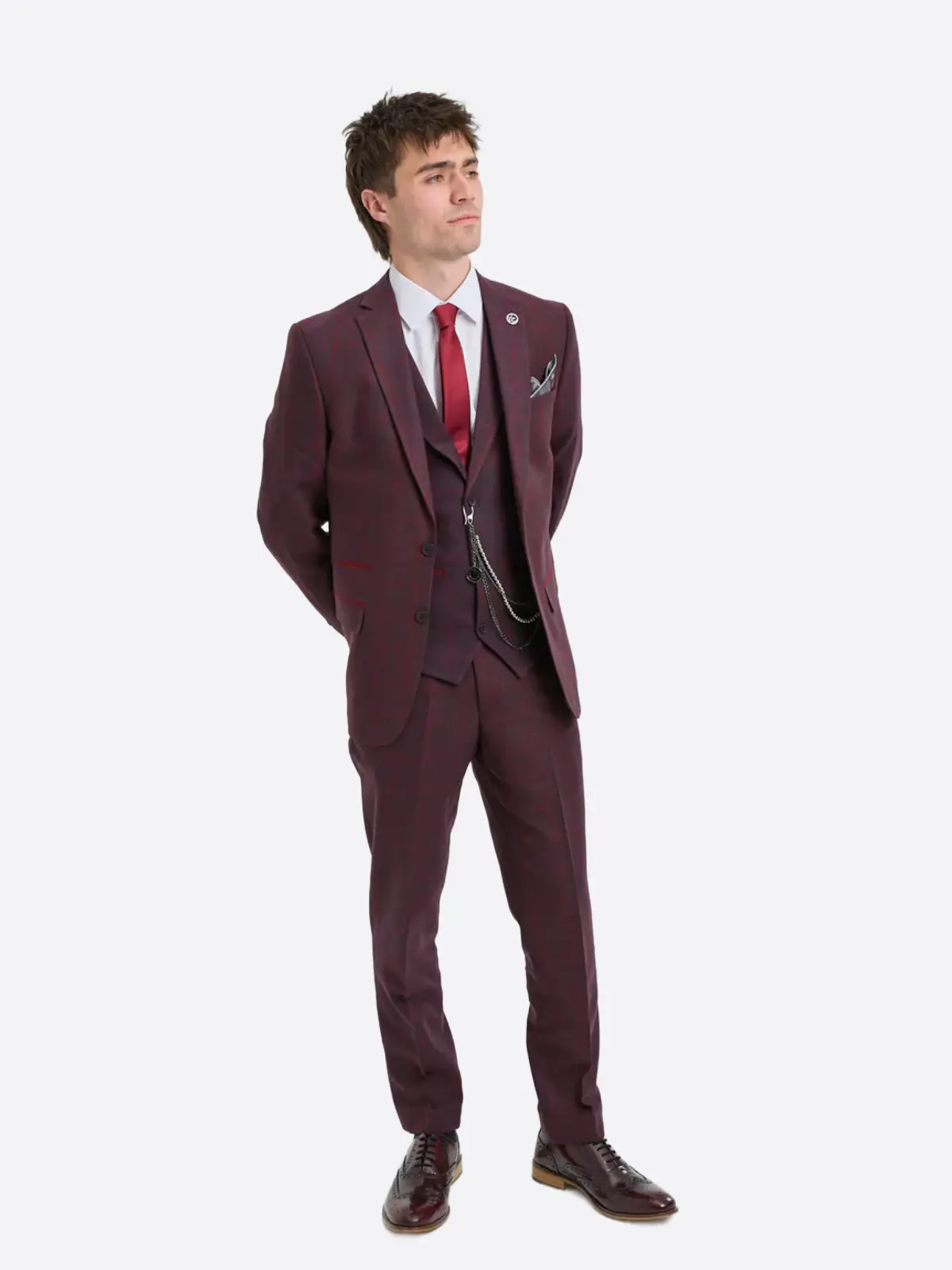 SuitsHeritage Men's Check Maroon Relaxed Fit 3 Piece Suit