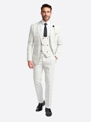 SuitsHeritage Men's Check Off White Relaxed Fit 3 Piece Suit