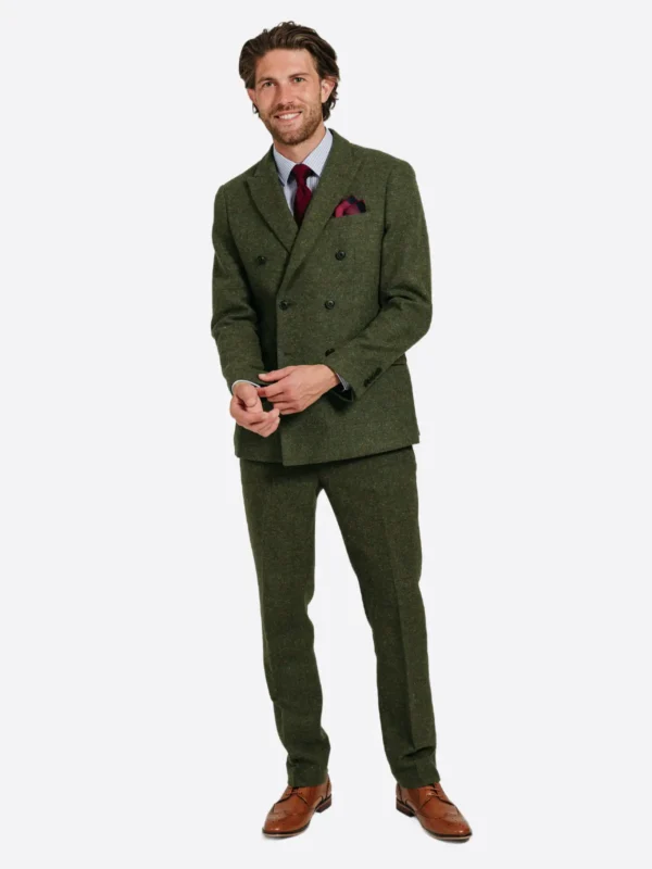SuitsHeritage Men's Herringbone Green Double Breasted Slim Fit 2 Piece Suit