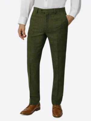 SuitsHeritage Men's Herringbone Green Double Breasted Slim Fit 2 Piece Suit Pant