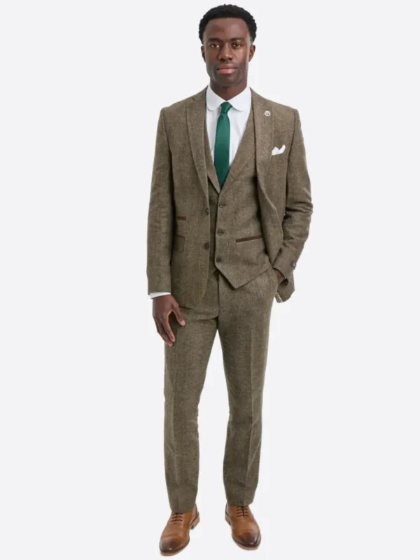 SuitsHeritage Men's Herringbone Brown Regular Fit 3 Piece Suit