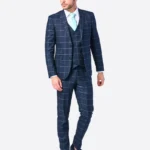 SuitsHeritage Men's Navy Plaid Relaxed Fit 3 Piece Suit