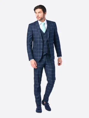 SuitsHeritage Men's Navy Plaid Relaxed Fit 3 Piece Suit