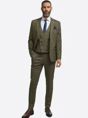 SuitsHeritage Men's Herringbone Olive Regular Fit 3 Piece Suits