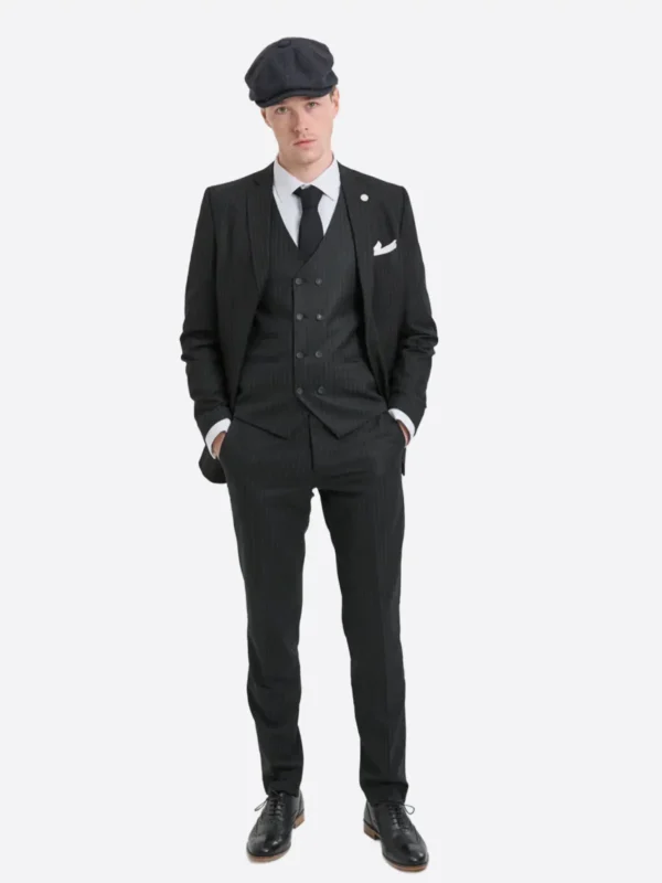 SuitsHeritage Men's Pinstripe Black Regular Fit 3 Piece Suit