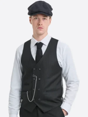 SuitsHeritage Men's Pinstripe Black Regular Fit 3 Piece Suit Vest