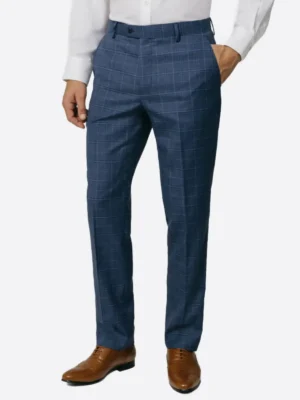 SuitsHeritage Men's Plaid Blue Slim Fit 2 Piece Suit Pant