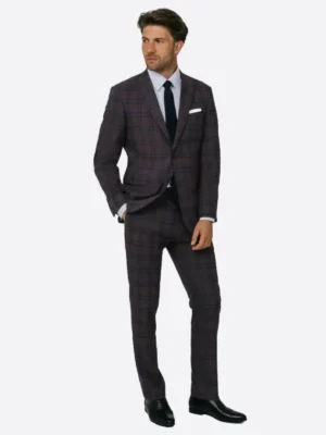 SuitsHeritage Men's Plaid Burgundy Slim Fit 2 Piece Suit