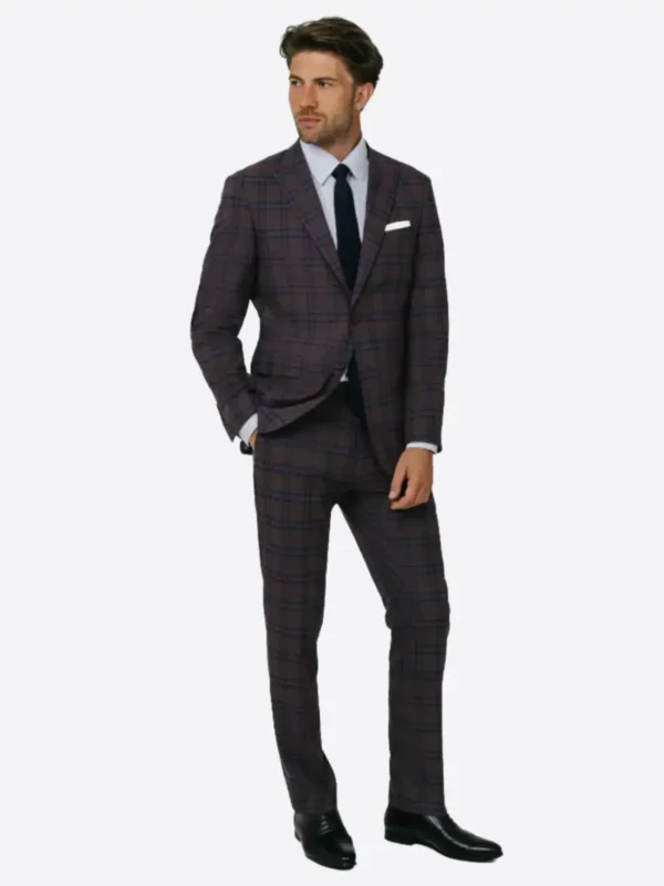 SuitsHeritage Men's Plaid Burgundy Slim Fit 2 Piece Suit