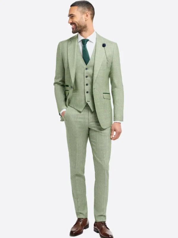 SuitsHeritage Men's Check Sage Green Regular Fit 3 Piece Suit