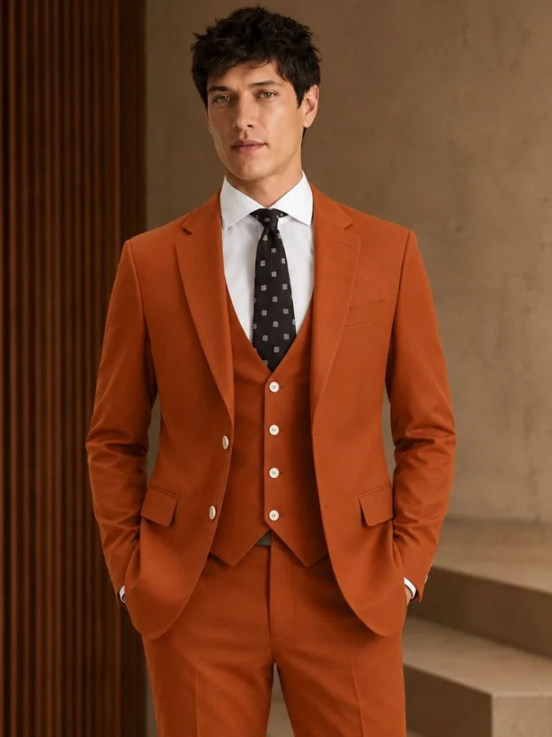 Norfield Polyester Solid Orange Suit Model