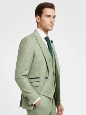 SuitsHeritage Men’s Check Sage Green Regular Fit 3 Piece Suit Main Side POse