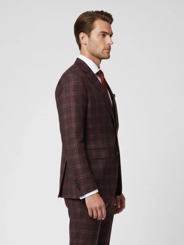 SuitsHeritage Men’s Check Maroon Relaxed Fit 3 Piece Suit Main Side Pose